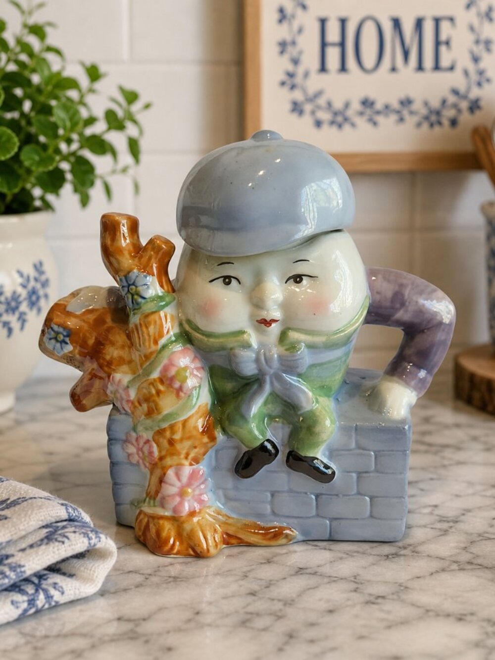 Vintage Feitx Humpty Dumpty Ceramic Teapot on Wall 7" Tall Hand Painted